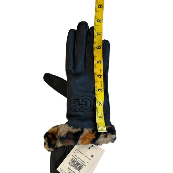 UGG Logo Leather & Faux Fur Cuff Gloves Small BLACK LEOPARD - Picture 9 of 11